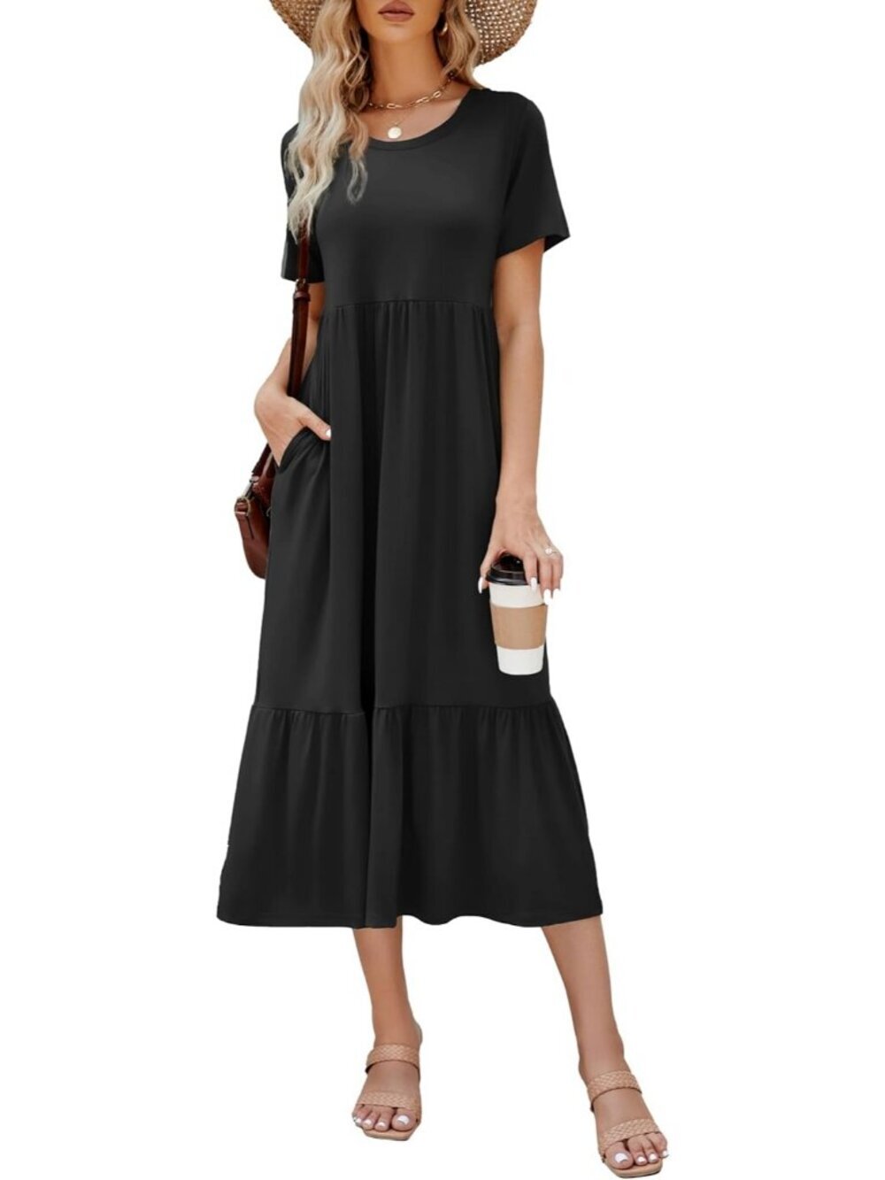 Women's Black Stylish Sundress Short Sleeve Tiered Beach with Pockets Maxi Dress
